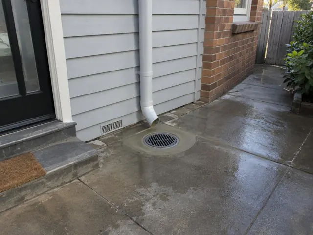 Cleared outdoor drain grate beside wet concrete paving and house wall in Abbotsford